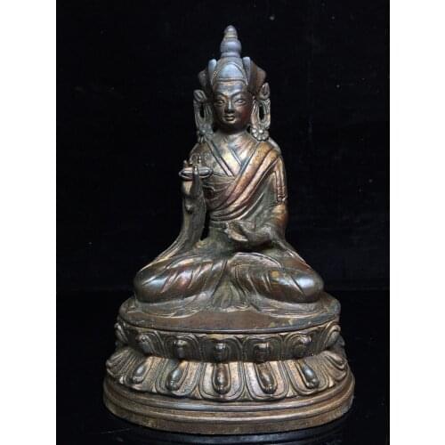 9"Chinese temple collection Old Bronze Cinnabar Lacquer Northern Wei Buddha Guru Padmasambhava Sitting Buddha Ornaments