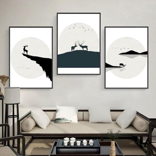 Chinese Style Black and White Elk Silhouette Mountain River Deer Animals Canvas Painting Home Room Decoration Art Poster Print