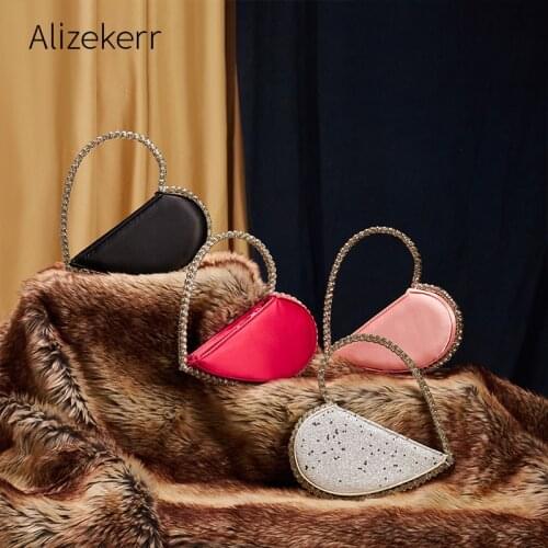 Heart Shaped Evening Diamond Clutch Bags For Women 2020 Chic Metal Handle Rhinestone Shiny Sequins Purse Female Wedding Handbags
