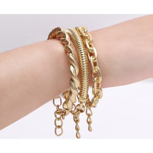 Punk Hip Hop Bracelet Set For Women Gold/Silver Color Metal Accessories Retro Hand Chain 3 Piece Fashion Bracelets Jewelry