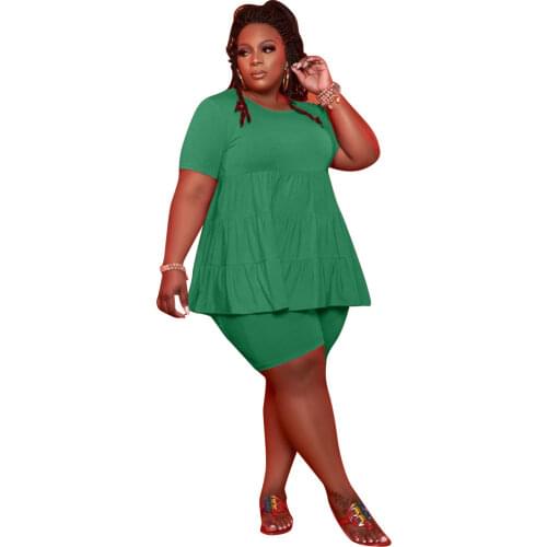Pleatd Top and Shorts Set 5XL 4XL Plus Size Women Clothes Two Piece Set Black Green Red Oversized Casual Sets for Summer 2021