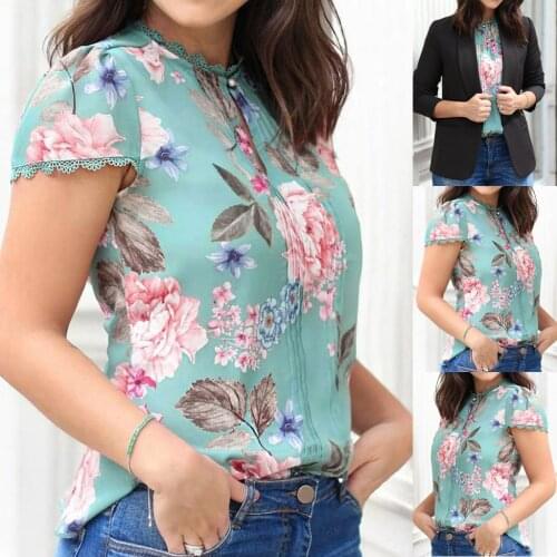 Lace Patchwork Summer Shirt Floral Printing Short Sleeve Tunic Tops O Neck Slim Fit Shirt Top Casaul Womens Blouse Blusas Mujer