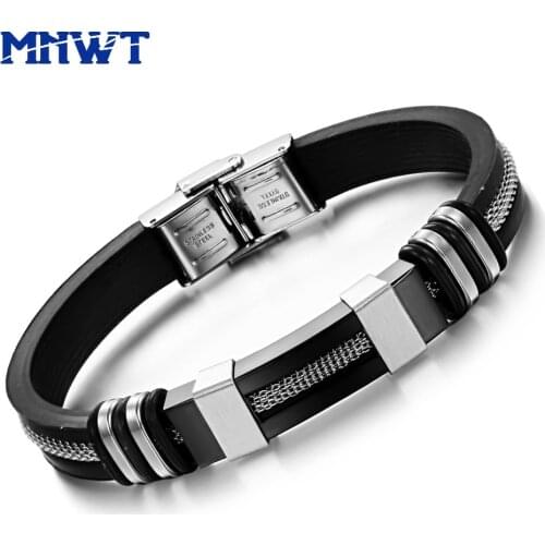 MNWT New Fashion Bangles Men Black Punk Silicone Stainless Steel Man Bracelets Jewelry Gift Male Bangles Pulseras Hombre