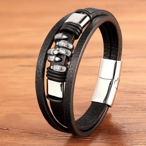 Trendy Charm Genuine Leather Magnetic Black Gold Silver Color Bracelets Jewelry Men Anymal Braided Rope Rock Punk Hand Bangles