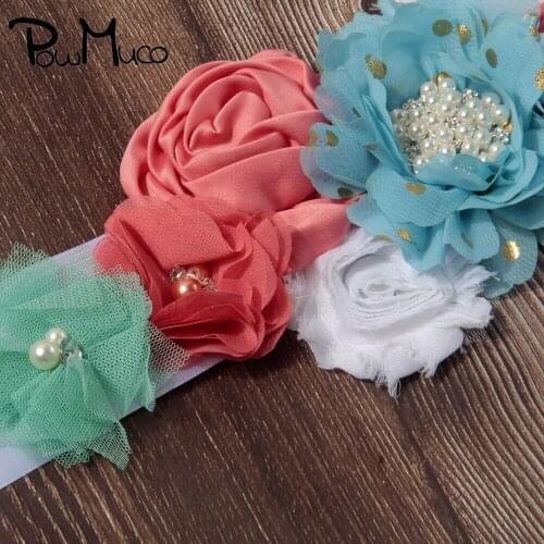 Powmuco Fashion Gold Dots Floral Women Sash Shining Pearls Rhinestone Flowers Maternity Waistband Dress Decoration Birthday Gift