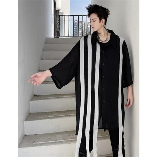 2021 Men Summer Patchwork Oversized Long Shirt Korean Style Street Fashion Black Shirts Chemise Homme