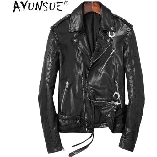 AYUNSUE 2021 Autumn Genuine Sheepskin Male Leather Jackets Black Thin Mens Clothing Biker Jacket for Men Casaco Masculino Gmm41