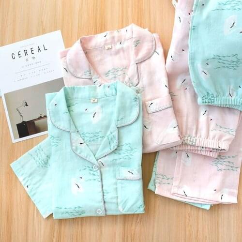 Autumn New Product Cotton Double-layer Gauze Plus Size Women Pajamas, Long-sleeved Trousers, Lapel Swan Willow Leaf Home Service