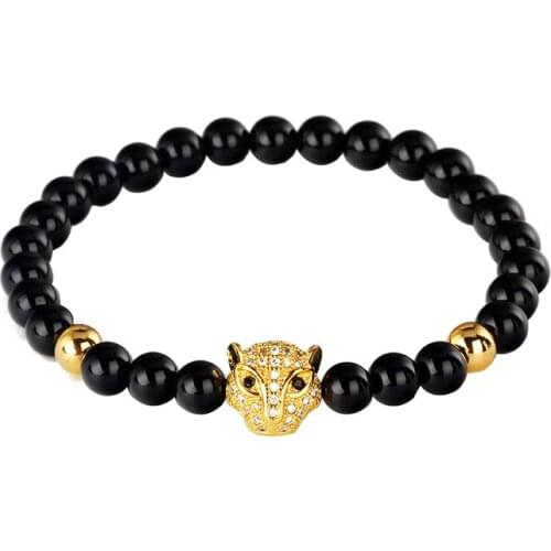 New Design 8mm Black Glossy Smooth Onyx Stone Bead CZ Zircon Leopard Head Metal Charm Standard Beaded Bracelet Men