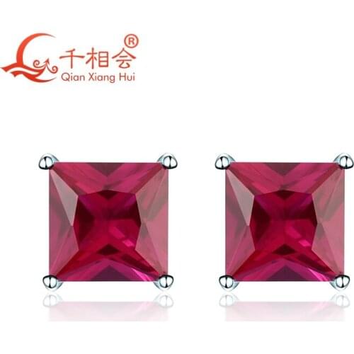 925 silver corundum red color square shape 8mm single lab created ruby stone ear stud Earing