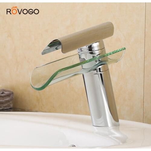 ROVOGO Waterfall Basin Faucet Chrome Finish, Single Handle Lever Deck Mount Bathroom Sink Cold Hot Mixer Tap for Lavatory Crane