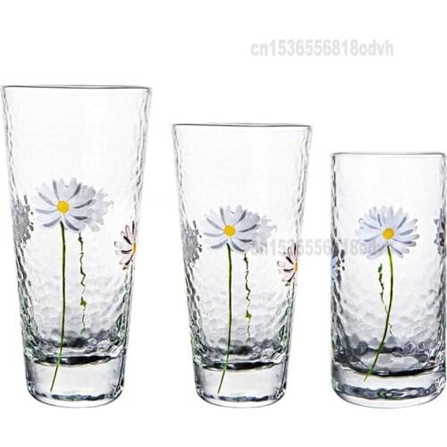 Glass Cup Small Daisy Hammered Crystal Cup Household Heat-resistant Transparent Glass Fruit Drink Beer Whiskey Glasses