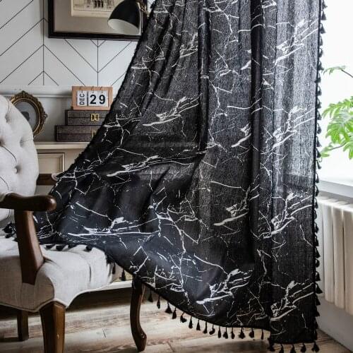 Cilected Black Marble Print Curtains Nordic Home Tassel Lace Semi-Shade Bay Window Curtain Balcony Door Partition Curtain Decor