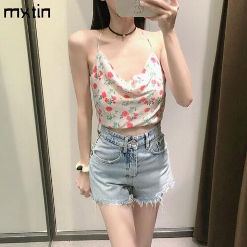 MXTIN 2021 Women Summer Fashion Floral Print Back Bow Tie Straps Tank Tops Vintage V-Neck Sleeveless Backless Casual Chic Tops