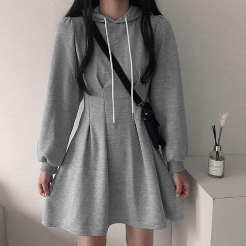 Women Loose Long Hoodie Casual Solid Color Hooded Sweatshirts Students Autumn spring Baggy Pullover Oversized Sweatshirt Dress