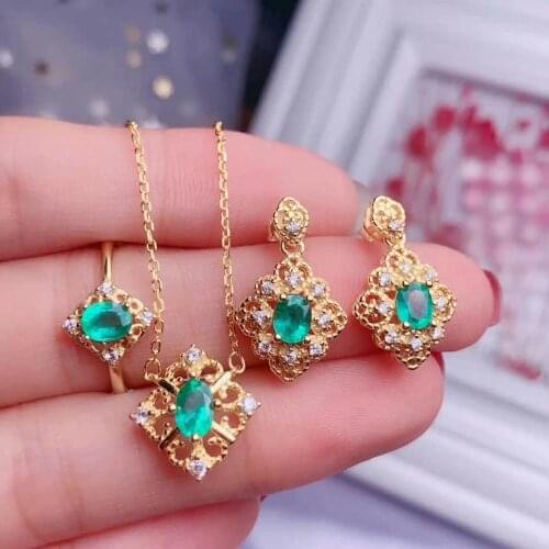 SHILOVEM 925 sterling silver Natural Emerald rings pendants stud earrings classic fine Jewelry wedding women dtz0405040611agml