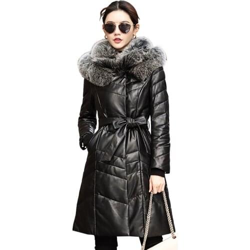 Genuine Real Women Winter Fox Fur Collar Hooded Sheepskin Leather Coat Long Womens Down Jacket 2019 Z002M J3781