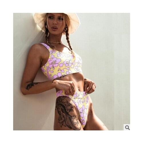 Ladies Summer Split Swimwear Set Adults Women Creative Solid Color/Floral Printing Tank Top Style Sexy Backless Bikini Swimsuit
