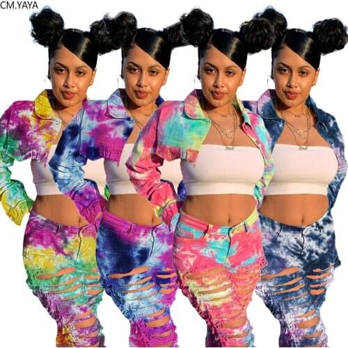 CM.YAYA Autumn Tie Dye Women Long Sleeve Mini Denim Coat Fashion Lady Jackets