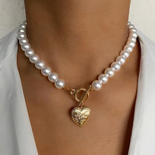 IPARAM Vintage Wedding Pearl Choker Necklace For Women Geometric Heart Coin Lock Pendant Necklaces Jewelry collier de perles