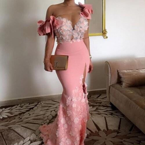 Floral Evening Dress Long Elegant abiye abendkleider abiti da cerimonia da sera Pink Evening Dresses Appliques Robe De Soiree