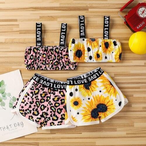2 Pcs Infant Summer Outfits, Baby Girls Sunflower/Leopard Letter Print Boat Neck Camisole + Shorts