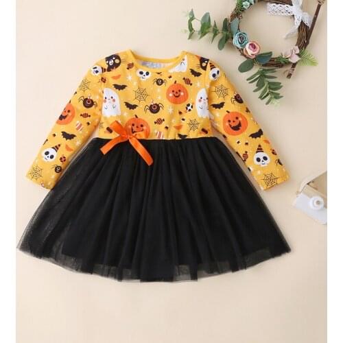 Toddler Girl Christmas Dress Pumpkin Ghost Spider Skull Print Long Sleeve Princess Dresses Party Festival Baby Girl Clothes 2-6Y