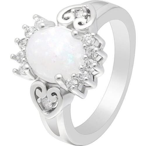 Hainon Silver Color Oval White Fire Opal Rings For Women Wedding Engagement Promise Statement Anniversary Heart Rings Jewelry
