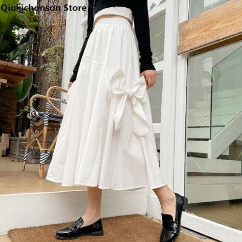 Kawaii Teens School Girl Skirt Women Autumn Winter Korean Fashion Cute Big Bowknot Stitched High Waist A-Line Long Midi Skirts