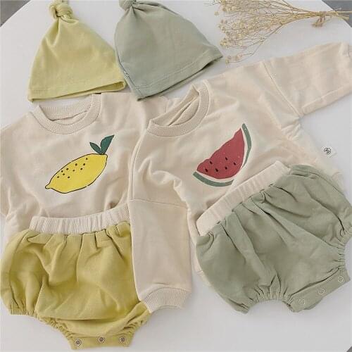 Newborn Baby Boy Clothes Set Fruit Print Toddler Girls Clothes Set Sweatshirts Tops + Bloomers + Hat 3pcs Autumn Baby Clothes