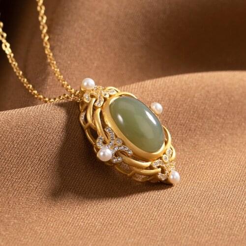 Natural green jade pendant necklace handcarved jasper jade pendants chain with gold s925 sterling silver jade jewelry pearl