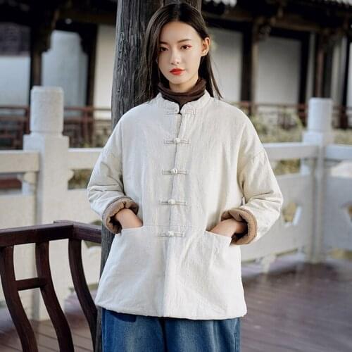Winter cotton and linen womens retro stand collar linen disc buckle cotton jacket womens quilted short warm cotton jacket