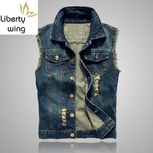 Summer Men Denim Vests Casual Slim Fit Hole Ripped Jean Man Coat Sleeveless Harajuku Streetwear Plus Size Jaqueta Masculina