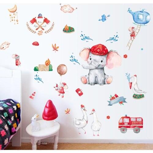 Cartoon Elepant Wallpaper Animal Firefighting Wall Stickers Nursery Decal Decorative Vinyl Wall Childrens Bedroom Mural Poster