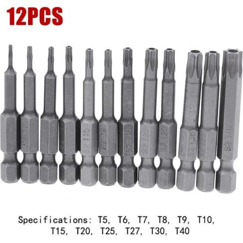 12Pcs 50mm Security Tamper Proof Screwdriver Bits Set 1/4" Hex Shank Magnetic Torx Screwdriver Bit T5-T40