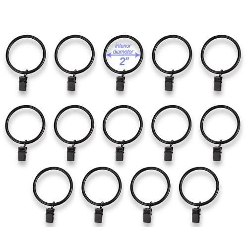 Set of 14 Decorative Drapery Curtain Clip Rings, 2" Interior Diameter,Clamps,Black Premium Iron Metal Material