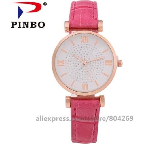 Wholesale rose gold case rhinestone watches fashion women dress watch Fashion leather quartz wrist watches 920318