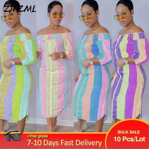 Bulk Items Wholesale Lots Women Off Shoulder Backless Clothing Colorful Striped Print Slash Neck Long Sleeve Irregular Dress