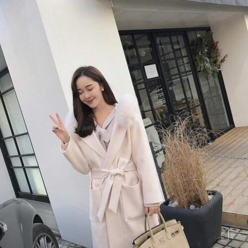 Korean Autumn Winter New Womens Medium Length Woolen Coats Long Sleeve Loose Fit Pockets Faux Fur Collar Female Hooded Coats