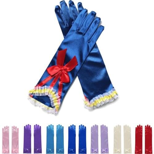 Girls Bow Pearl Gloves Kids Satin Snow White Belle Elsa Anna Sleeping Beauty Princess Cosplay Party Accessories Supplies 3-10T