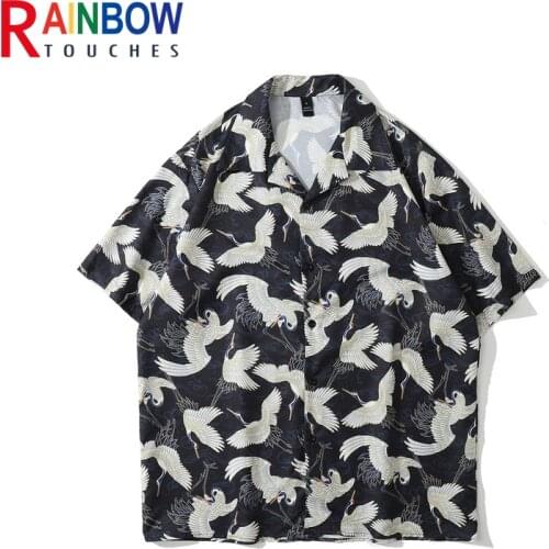 Rainbowtouches Unisex Summer Shirts Japanese Fresh Style Crane Digital Printing 100% Polyester Casual Hawaii Street Wear Shirts