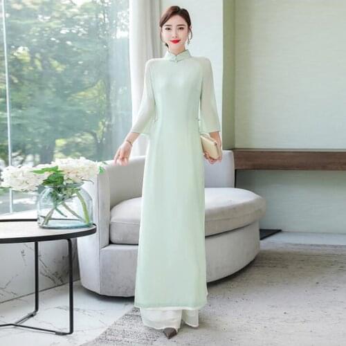 Summer Traditional Vietnam Ao dai Chiffon Chinese Cheongsam Mint green Women
