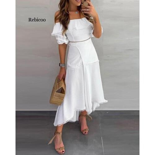 Ladies Off Shoulder Ruffle Tops & Split Long Skirt Sets Women Solid Casual 2 Piece Set Outfits