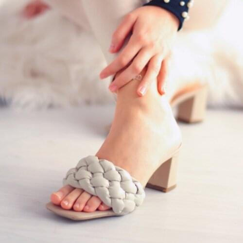 Womens Slippers 2021 Sandals 6 cm Heels Sexy Knitting Detailed Banded Beige Heeled Shoes Summer Fashion Stiletto Flip-Flop