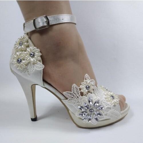 BaoYaFang Women wedding shoes Peep Toe white lace crystal shoes Flower Ladies party shoes woman ankle strap High heel Pumps