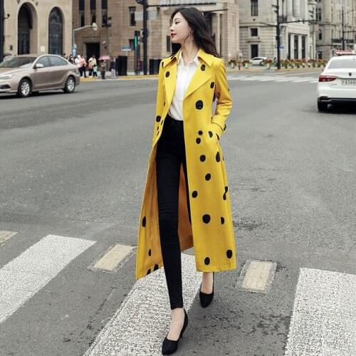 Womens Long Trench Coat 2021 Autumn Yellow Polka Dot Printed Jacket Fashion Elegant Slim Lady Windbreaker Female Outwear