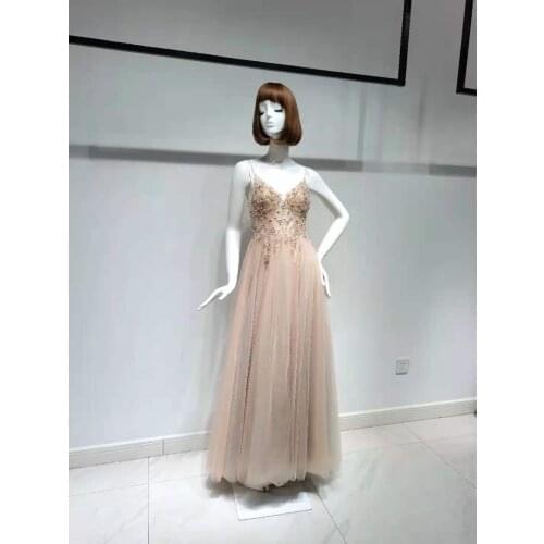 Pink Sexy A-Line V-Neck Prom Diamond Pearl Simple Sleevesless Fashion Ladies Evening Party Dark Gowns For Women Wedding Party