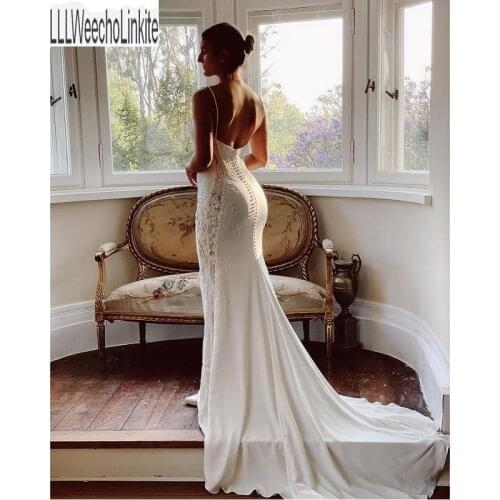 White Lace Satin Chiffon V-Neck Spaghetti Straps Mermaid/Trumpet Wedding Dresses Chapel Train Sleeveless Bridal Gowns