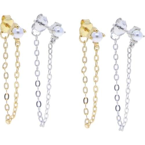 White Fresh Sea Pearl Beads Stud Romentic Tassel Chain 925 Sterling Silver Women Girl Earring