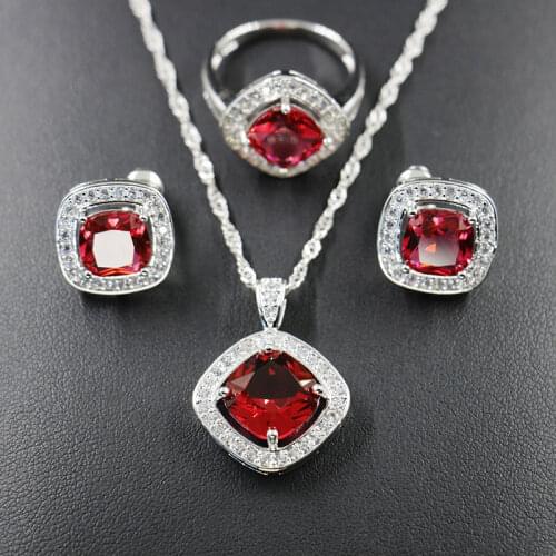 Shiny Cubic Zircon Silver Color Jewelry Square Red Crystal Earrings Ring Necklace Pendant Set For Women Wholesale
